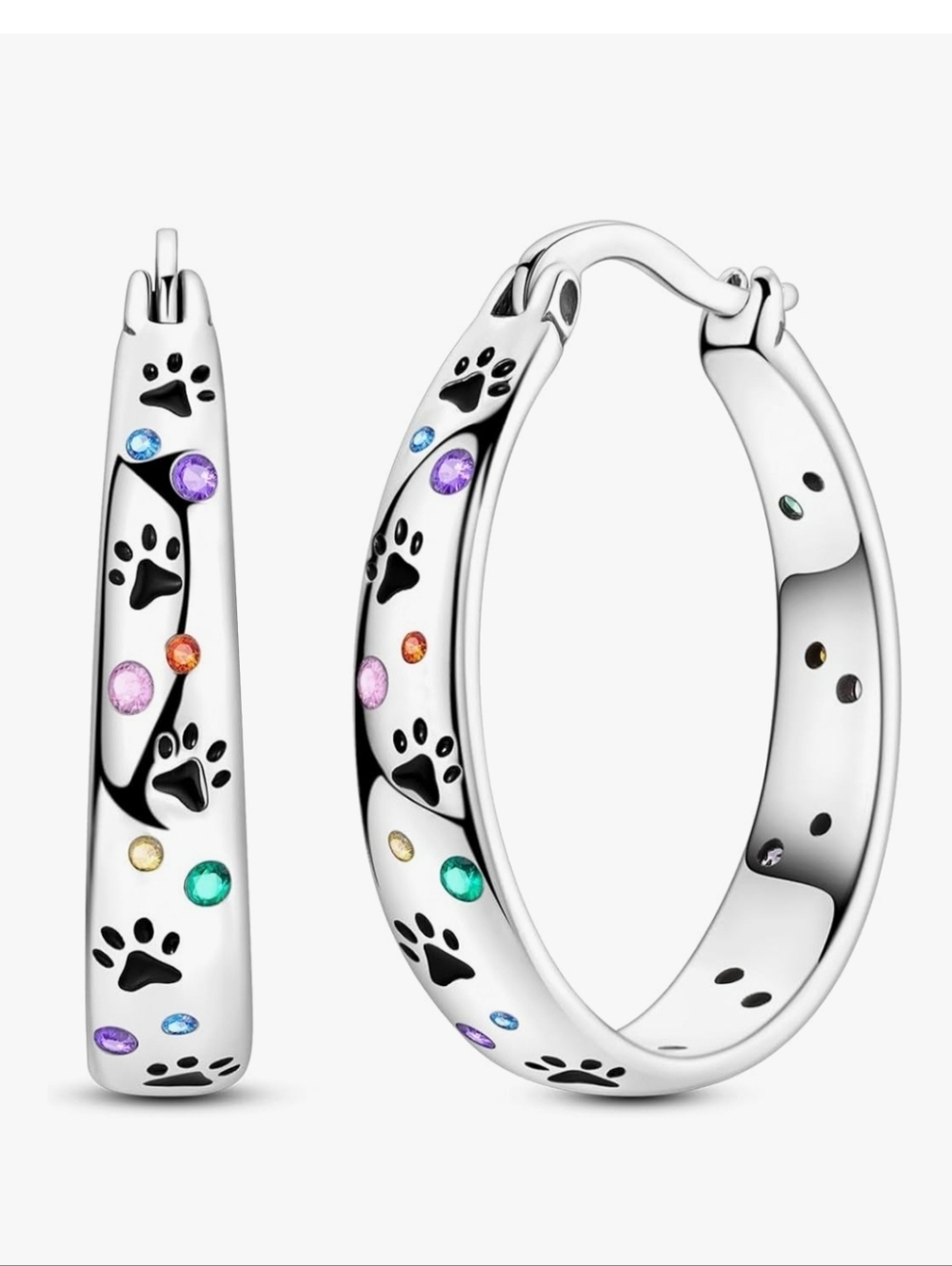 Sterling Silver Paw Print Hoop Earrings with Multicolor Stones
